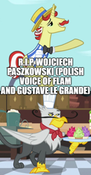 Size: 500x962 | Tagged: safe, derpibooru import, edit, edited screencap, editor:lord you know who, screencap, flam, gustave le grande, comic, in memoriam, rest in peace, toque, voice actor