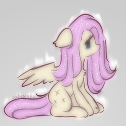 Size: 730x730 | Tagged: safe, artist:cutiesparke, derpibooru import, fluttershy, pegasus, pony, g4, alternate hairstyle, aura, chest fluff, ear fluff, ears, female, gray background, hoof heart, simple background, sitting, solo, sparkles, spread wings, underhoof, wings