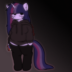 Size: 946x946 | Tagged: safe, artist:cutiesparke, derpibooru import, twilight sparkle, unicorn twilight, pony, semi-anthro, unicorn, g4, alcohol, alternate hairstyle, beer, beer can, brown background, cheek fluff, chubby, clothes, drink, ear fluff, ears, female, gradient background, hoodie, horn, simple background, socks, solo, standing, stockings, thigh highs