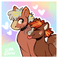 Size: 2200x2200 | Tagged: safe, artist:junglefiend, derpibooru import, oc, oc:maple fire, horse, pegasus, pony, :p, brown coat, eyes closed, outline, passepartout, rainbow background, smiling, tongue, tongue out, white outline