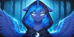 Size: 2400x1200 | Tagged: safe, ai content, derpibooru import, machine learning generated, princess luna, alicorn, pony, bust, forest, glowing, glowing eyes, hood, looking at you, nature, portrait, prompter:greesys, solo, tired, tree