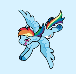 Size: 1294x1269 | Tagged: safe, artist:junglefiend, derpibooru import, rainbow dash, pegasus, pony, :p, blue background, female, flying, full body, mare, simple background, smiling, solo, tongue, tongue out