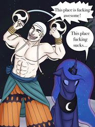 Size: 1784x2388 | Tagged: safe, artist:theedgyduck, derpibooru import, princess luna, alicorn, human, pony, abs, bracelet, clothes, crossover, crown, dialogue, duo, duo male and female, enel, eyes closed, eyeshadow, female, jewelry, makeup, male, mare, moon, nudity, on the moon, one piece, partial nudity, regalia, sitting, topless, vulgar