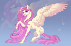 Size: 4121x2673 | Tagged: safe, artist:copshop, derpibooru import, fluttershy, pegasus, pony, female, long mane, looking at you, mare, raised hoof, raised leg, solo, spread wings, wings, zoom layer