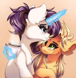 Size: 4000x4100 | Tagged: safe, artist:natanvok, derpibooru import, applejack, rarity, pony, alternate hairstyle, coffee mug, female, lesbian, magic, mug, rarijack, shipping