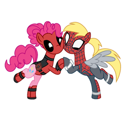 Size: 1020x944 | Tagged: safe, artist:dazzle, derpibooru import, derpy hooves, pinkie pie, earth pony, pegasus, base used, blonde, clothes, cosplay, costume, curly hair, curly mane, deadpool, duo, duo female, female, mare, marvel, pinkiepool, ponytail, simple background, spidermare, superhero, transparent background