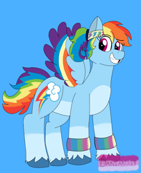 Size: 1680x2066 | Tagged: safe, artist:daniarts19, derpibooru import, rainbow dash, pegasus, pony, g4, blue background, female, grin, headband, ponytail, redesign, simple background, smiling, solo, wristband