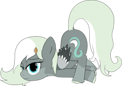 Size: 4558x3214 | Tagged: safe, artist:poniidesu, derpibooru import, oc, oc only, oc:asbestos, pegasus, pony, blue eyes, cute, face down ass up, female, filly, foal, folded wings, gray coat, hairclip, hooves, long hair, long mane, long tail, looking at you, scootie belle, simple background, tail, transparent background, two toned mane, unshorn fetlocks, wings