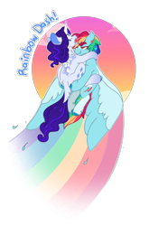 Size: 1396x2118 | Tagged: safe, artist:queerhorses, derpibooru import, rainbow dash, rarity, pony, alternate design, female, holding a pony, lesbian, rainbow trail, raridash, shipping