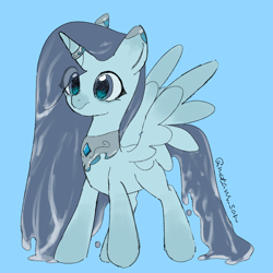 Size: 4096x4096 | Tagged: safe, artist:metaruscarlet, derpibooru import, oc, oc only, alicorn, alicorn oc, blue background, gem, horn, horn ring, pegasus wings, ring, simple background, solo, spread wings, unnamed oc, wings