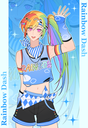 Size: 2126x3071 | Tagged: safe, artist:fantakun, derpibooru import, rainbow dash, human, arm warmers, belly, belly button, clothes, gradient background, humanized, leg warmers, shoes, shorts, solo, sparkles, text