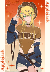 Size: 2126x3071 | Tagged: safe, artist:fantakun, derpibooru import, applejack, human, arm warmers, belt, boots, clothes, denim, denim shorts, gradient background, humanized, leg warmers, shirt, shoes, shorts, solo, sparkles, t-shirt, text