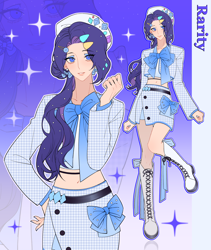 Size: 2598x3071 | Tagged: safe, artist:fantakun, derpibooru import, rarity, human, clothes, gradient background, humanized, knee high boots, outline, skirt, solo, sparkles, text, white outline