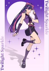 Size: 2126x3071 | Tagged: safe, artist:fantakun, derpibooru import, twilight sparkle, human, arm warmers, boots, clothes, gradient background, humanized, long socks, necktie, outline, shoes, skirt, solo, sparkles, white outline