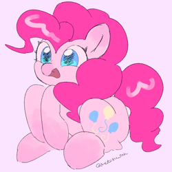 Size: 4096x4096 | Tagged: safe, artist:metaruscarlet, derpibooru import, pinkie pie, earth pony, pony, g4, pink background, raised hoof, raised leg, simple background, sitting, solo, tongue, tongue out