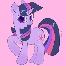 Size: 4096x4096 | Tagged: safe, artist:metaruscarlet, derpibooru import, twilight sparkle, unicorn twilight, pony, unicorn, g4, female, horn, looking at you, mare, open mouth, open smile, pink background, raised hoof, raised leg, simple background, smiling, smiling at you, solo, teeth