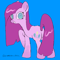 Size: 4096x4096 | Tagged: safe, artist:metaruscarlet, derpibooru import, pinkie pie, earth pony, pony, g4, blue background, looking at you, looking back, looking back at you, pinkamena diane pie, raised hoof, raised leg, simple background, smiling, smiling at you, solo, teeth