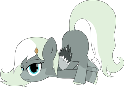 Size: 4558x3214 | Tagged: safe, alternate version, artist:poniidesu, derpibooru import, oc, oc only, oc:asbestos, pegasus, pony, blank flank, blue eyes, cute, face down ass up, female, filly, foal, folded wings, gray coat, hairclip, hooves, long hair, long mane, long tail, looking at you, scootie belle, simple background, tail, transparent background, two toned mane, unshorn fetlocks, wings