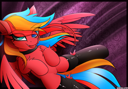 Size: 2000x1383 | Tagged: safe, artist:andaluce, derpibooru import, oc, oc:gaffy, pegasus, bed, chest fluff, clothes, collar, cute, ear fluff, ears, hockless socks, lying down, ocbetes, smiling, socks, solo, spread wings, wings