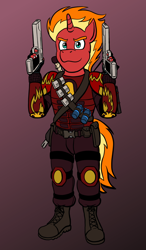 Size: 700x1200 | Tagged: dead source, safe, artist:regularmouseboy, oc, oc only, oc:valiant flame, anthro, unicorn, armor, assault rifle, boots, cartridge, clothes, desert eagle, flashbang, g36, gradient background, gun, rifle, shoes, simple background, solo, sword, weapon