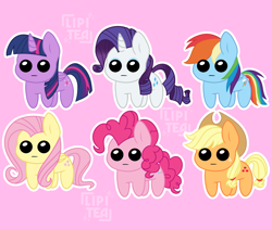 Size: 3615x3055 | Tagged: safe, artist:lipitea, derpibooru import, applejack, fluttershy, pinkie pie, rainbow dash, rarity, twilight sparkle, twilight sparkle (alicorn), alicorn, earth pony, pegasus, pony, unicorn, g4, autism creature, horn, mane six, pink background, simple background