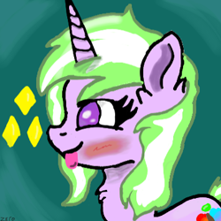 Size: 384x384 | Tagged: safe, artist:zer0sub, derpibooru import, unicorn, blushing, digital art, green mane, happy, horn, solo, tongue, tongue out