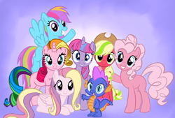 Size: 894x605 | Tagged: safe, artist:primrosedinocat, derpibooru import, edit, applejack (g3), fluttershy (g3), master kenbroath gilspotten heathspike, pinkie pie (g3), rainbow dash (g3), rarity (g3), twilight twinkle, dragon, earth pony, pegasus, pony, unicorn, g3, g4, cute, fangs, female, flying, folded wings, g3 dashabetes, g3 diapinkes, g3 jackabetes, g3 raribetes, g3 shyabetes, g3 spikabetes, g3 to g4, g3 twiabetes, g3 twilicorn, generation leap, grin, group, hat, horn, looking at you, lying down, male, mare, open mouth, open smile, pegasus fluttershy (g3), pegasus rainbow dash (g3), prone, race swap, raised hoof, raised leg, recolor, septet, smiling, spread wings, tail, wings