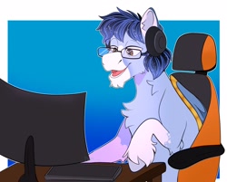 Size: 2048x1647 | Tagged: safe, artist:diethtwoo, derpibooru import, oc, oc only, oc:soaring spirit, pegasus, pony, accessory, armor, chair, chest fluff, coat markings, colored ears, colored hooves, gaming chair, gaming headset, glasses, headphones, headset, hooves, keyboard, male, microphone, monitor, multicolored hair, multicolored mane, office chair, pegasus oc, raffle prize, socks (coat marking), solo, stallion, wing armor, wing brace, wings