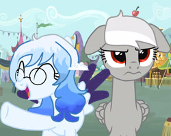 Size: 2048x1623 | Tagged: safe, derpibooru import, oc, oc:altersmay earth, oc:sasha, pegasus, pony, colored wings, duo, duo female, eyes closed, female, glasses, grumpy, happy, looking up, market, older, older altersmay earth, open mouth, pegasus oc, planet ponies, ponified, raised hoof, raised leg, round glasses, space ponies, species swap, unamused, wings