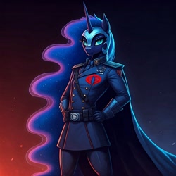 Size: 1024x1024 | Tagged: safe, ai content, derpibooru import, machine learning generated, nightmare moon, anthro, bust, cape, clothes, cobra commander, cosplay, costume, ethereal mane, g.i. joe, generator:google imagen 3.0, gradient background, hand on hip, military uniform, portrait, prompter:zerowinger, smiling, solo, uniform