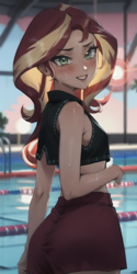 Size: 512x1024 | Tagged: safe, ai content, derpibooru import, machine learning generated, sunset shimmer, human, equestria girls, g4, female, prompter:narica, solo, swimming pool