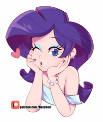 Size: 1446x1723 | Tagged: safe, artist:norithecat, derpibooru import, rarity, human, blowing a kiss, bracelet, bust, ear piercing, earring, eyeshadow, female, hand on face, heart, humanized, jewelry, light skin, makeup, one eye closed, patreon, patreon logo, piercing, portrait, simple background, solo, white background, white dress, wink