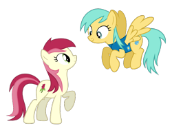 Size: 932x704 | Tagged: safe, derpibooru import, edit, roseluck, sunshower raindrops, earth pony, pegasus, pony, female, looking at each other, looking at someone, mare, raised hoof, raised leg, rosedrops, shipping, simple background, spread wings, transparent background, vector, vector edit, wings, winter wrap up vest