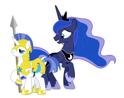 Size: 742x587 | Tagged: safe, derpibooru import, edit, princess luna, alicorn, pony, unicorn, armor, crack shipping, female, guardluna, horn, male, mare, raised hoof, raised leg, royal guard, shipping, simple background, spear, stallion, straight, transparent background, vector, vector edit, weapon