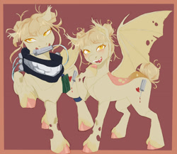 Size: 1500x1300 | Tagged: safe, artist:abbytabbys, derpibooru import, part of a set, bat pony, changeling, changepony, hybrid, pony, anime, antagonist, bangs, belt, blonde, blonde mane, blonde tail, blush lines, blushing, border, brown background, canister, carapace, changelingified, clothes, colored eyebrows, colored eyelashes, colored hooves, colored pupils, colored wings, cream mane, cream tail, duality, ear tufts, eyebrows, eyebrows visible through hair, facing you, fangs, female, folded wings, golden eyes, hair bun, himiko toga, hooves, lidded eyes, looking at you, looking away, mask, messy mane, messy tail, mouth hold, my hero academia, narrowed eyes, open mouth, open smile, orange eyelashes, orange pupils, passepartout, pink hooves, ponified, raised hoof, raised leg, scarf, shiny hooves, short mane, short tail, simple background, slit eyes, smiling, smiling at you, solo, species swap, spread wings, standing, syringe, tail, tail bun, teenager, three quarter view, tied mane, tied tail, torn wings, two toned wings, unshorn fetlocks, wall of tags, wings