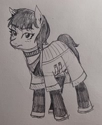 Size: 1851x2254 | Tagged: safe, artist:pony quarantine, derpibooru import, oc, oc only, earth pony, pony, clothes, female, grayscale, jacket, lidded eyes, looking at you, mare, monochrome, pen drawing, solo, traditional art