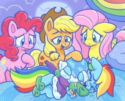 Size: 1630x1315 | Tagged: safe, artist:raystarkitty, derpibooru import, applejack, fluttershy, pinkie pie, rainbow dash, tank, earth pony, pegasus, pony, tortoise, g4, tanks for the memories, bed, clothes, crying, dashie slippers, female, hoof on neck, male, mare, rainbow dash's house, scene interpretation, slippers, tank slippers