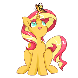 Size: 900x900 | Tagged: safe, artist:sphyrena, derpibooru import, sunset shimmer, butterfly, pony, unicorn, cute, horn, looking up, open mouth, open smile, shimmerbetes, simple background, smiling, solo, white background