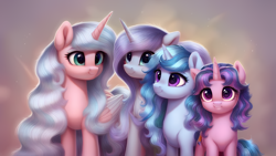 Size: 5120x2880 | Tagged: safe, ai content, derpibooru import, editor:felisamafeles, generator:pony diffusion v6 xl, generator:purplesmart.ai, generator:stable diffusion, machine learning generated, oc, alicorn, pony, unicorn, alicorn oc, blue fur, blue mane, blurry background, cute, different eye color, horn, looking at each other, looking at someone, pink fur, purple mane, silver fur, silver mane, smiling, smiling at each other, unicorn oc, wings