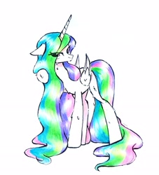 Size: 2082x2293 | Tagged: safe, artist:liaaqila, derpibooru import, princess celestia, alicorn, pony, g4, eye clipping through hair, female, folded wings, high res, horn, mare, raised hoof, raised leg, simple background, solo, tail, traditional art, wet, wet mane, wet mane celestia, white background, wings