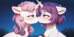 Size: 2400x1200 | Tagged: safe, ai content, derpibooru import, generator:stable diffusion, machine learning generated, sweetie belle, oc, oc:sweetieck dreams, pony, unicorn, g4, bedroom eyes, blushing, boop, canon x oc, duo, duo female, female, french kiss, horn, kissing, lesbian, looking at each other, looking at someone, mare, noseboop, prompter:greesys, ship:dreamsbelle, shipping, tongue to tongue