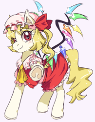 Size: 699x895 | Tagged: artist needed, source needed, safe, derpibooru import, bat pony, pony, undead, vampire, blonde, blonde hair, clothes, ear fluff, ears, female, filly, flandre scarlet, foal, frog (hoof), hat, looking at you, pointing, pointing at you, ponified, red eyes, skirt, slit eyes, solo, species swap, touhou, underhoof