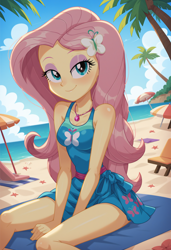 Size: 1664x2432 | Tagged: safe, ai content, derpibooru import, generator:pony diffusion v6 xl, generator:stable diffusion, machine learning generated, fluttershy, human, equestria girls, g4, beach, clothes, hourglass, looking at you, ocean, outdoors, palm, palms, prompter:kimberlite, smiling, smiling at you, solo, swimsuit, water