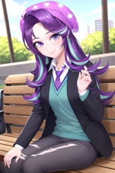 Size: 1024x1536 | Tagged: safe, ai content, derpibooru import, machine learning generated, starlight glimmer, human, g4, beanie, bench, clothes, generator:civitai, hat, humanized, looking at you, necktie, pants, prompter:jesterofdestiny, ripped pants, sitting, suit, sweater vest, torn clothes