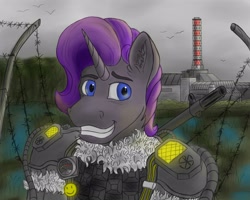 Size: 2560x2048 | Tagged: safe, artist:coffee_caramel, derpibooru import, oc, oc:farman royce, unicorn, barbed wire, blue eyes, body armor, chernobyl nuclear power plant, exoskeleton, forest, geiger counter, gray skin, grey sky, gun, horn, male, nature, overcast, purple mane, rifle, sky, smiling, sniper rifle, solo, stalcraft, stalker, stallion, swamp, tree, weapon