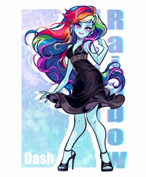 Size: 1686x2048 | Tagged: safe, artist:libbly_libby, derpibooru import, rainbow dash, human, equestria girls, g4, beautiful wet black dress, black dress, clothes, commission, commissioner:ajnrules, dress, female, grin, high heels, little black dress, long hair, rainbow dash always dresses in style, shoes, smiling, solo