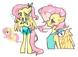 Size: 2544x1860 | Tagged: safe, artist:azaani, derpibooru import, fluttershy, anthro, pegasus, pony, unguligrade anthro, g4, alternate hairstyle, arm hooves, blush lines, blush scribble, blushing, clothes, cute, emanata, female, hooves together, mare, one-piece swimsuit, plewds, shyabetes, simple background, solo, sweat, sweatdrops, swimsuit, white background