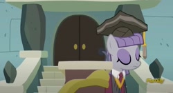 Size: 1994x1079 | Tagged: safe, derpibooru import, screencap, maud pie, earth pony, pony, g4, rock solid friendship, clothes, door, eyes closed, female, formal wear, graduation, graduation cap, hat, mare, maud pie's tie, necktie, podium, solo, stairs, walking