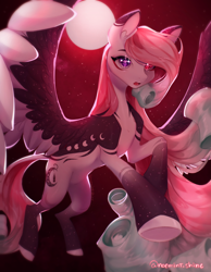 Size: 2566x3300 | Tagged: safe, artist:noemint, derpibooru import, oc, oc only, pegasus, pony, female, flying, full moon, heterochromia, mare, moon