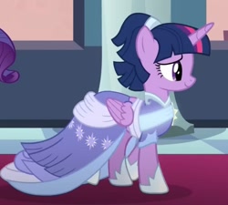 Size: 827x744 | Tagged: safe, derpibooru import, screencap, rarity, twilight sparkle, twilight sparkle (alicorn), alicorn, pony, g4, the last problem, alternate hairstyle, beautiful, canterlot, canterlot castle, castle, clothes, coronation dress, dress, elegant, evening, female, gown, mare, regal, sash, second coronation dress, sunset, walking